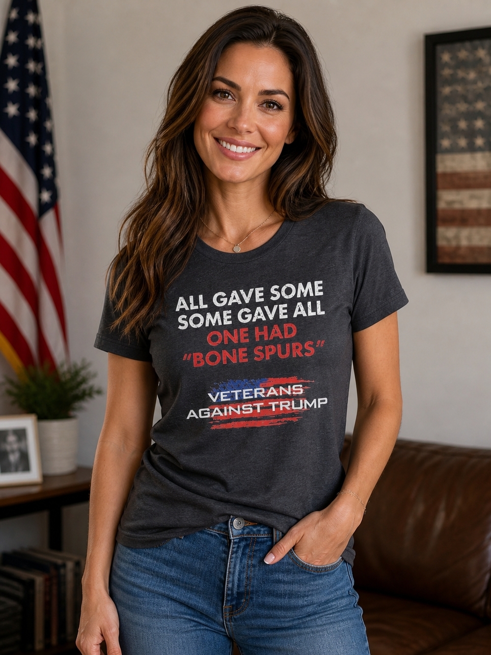 Veterans Against Trump Charcoal Graphic Tee w/ Patriotic Red & Blue Print Small